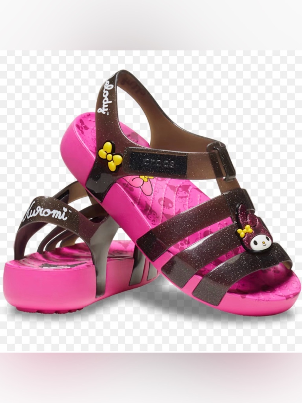 Hello Kitty Pink and Black Glitter Kids Sandals with Character Charm Size 3